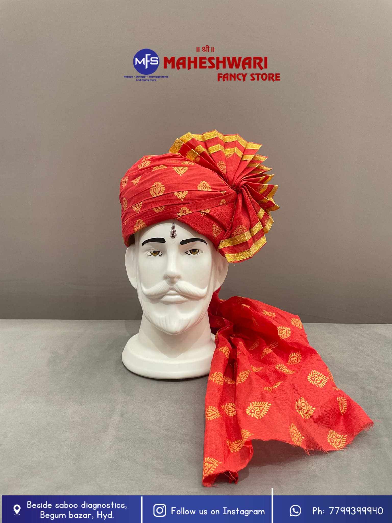 Digital Red Kairi Barati Pagdi Fabric